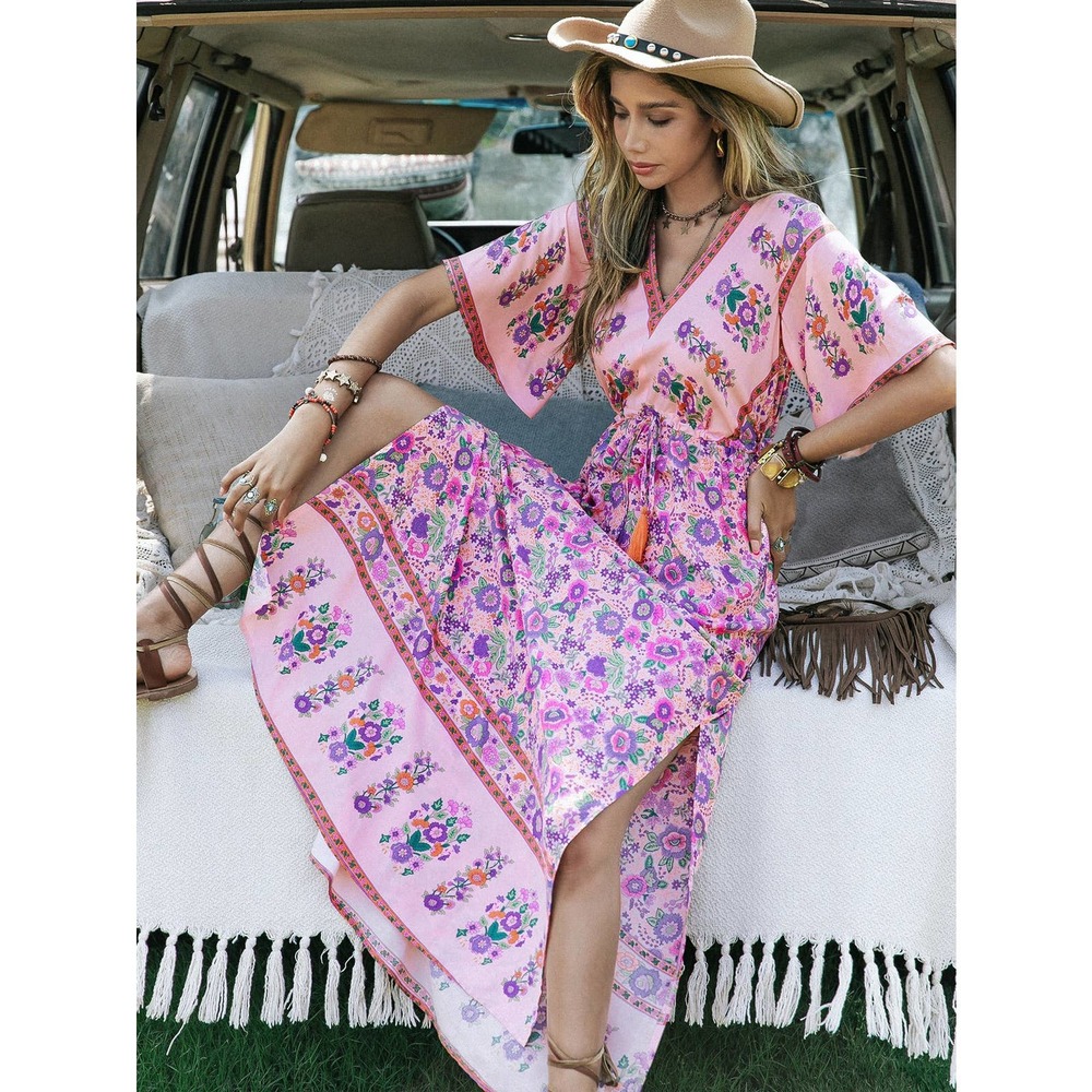 ❗️ Floral Print Trumpet Sleeve Split Thigh Tassel Waist maxi Dress boho pink - Picture 1 of 6